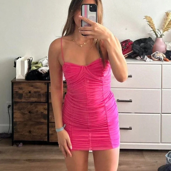 Zara Ruched Mesh Corset Mini Dress Hot  Pink Size Medium - Picture 2 of 6